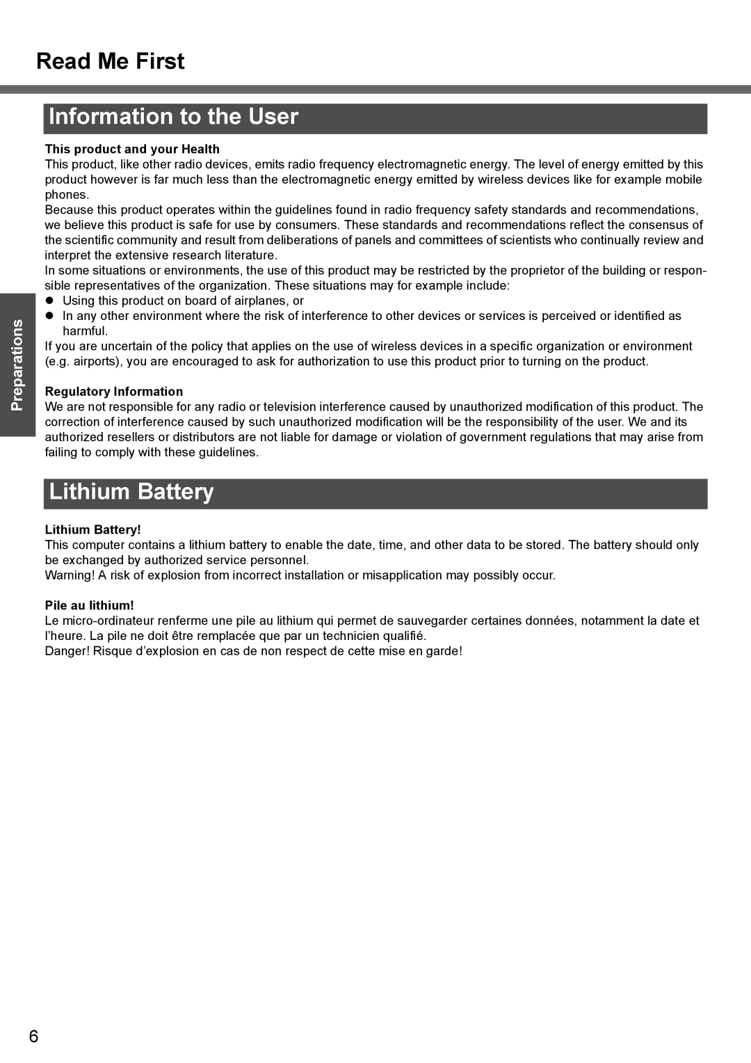 Panasonic CF-T4 operating instructions Information to the User, Lithium Battery 