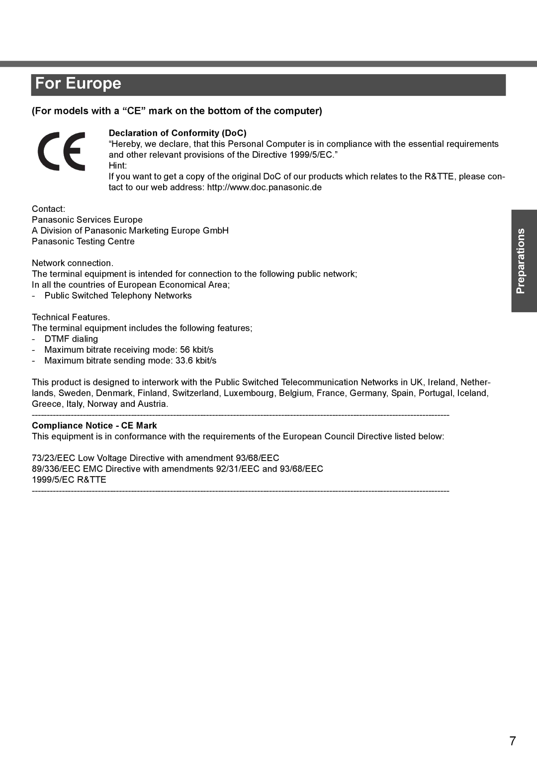 Panasonic CF-T4 operating instructions For Europe, Declaration of Conformity DoC, Compliance Notice CE Mark 