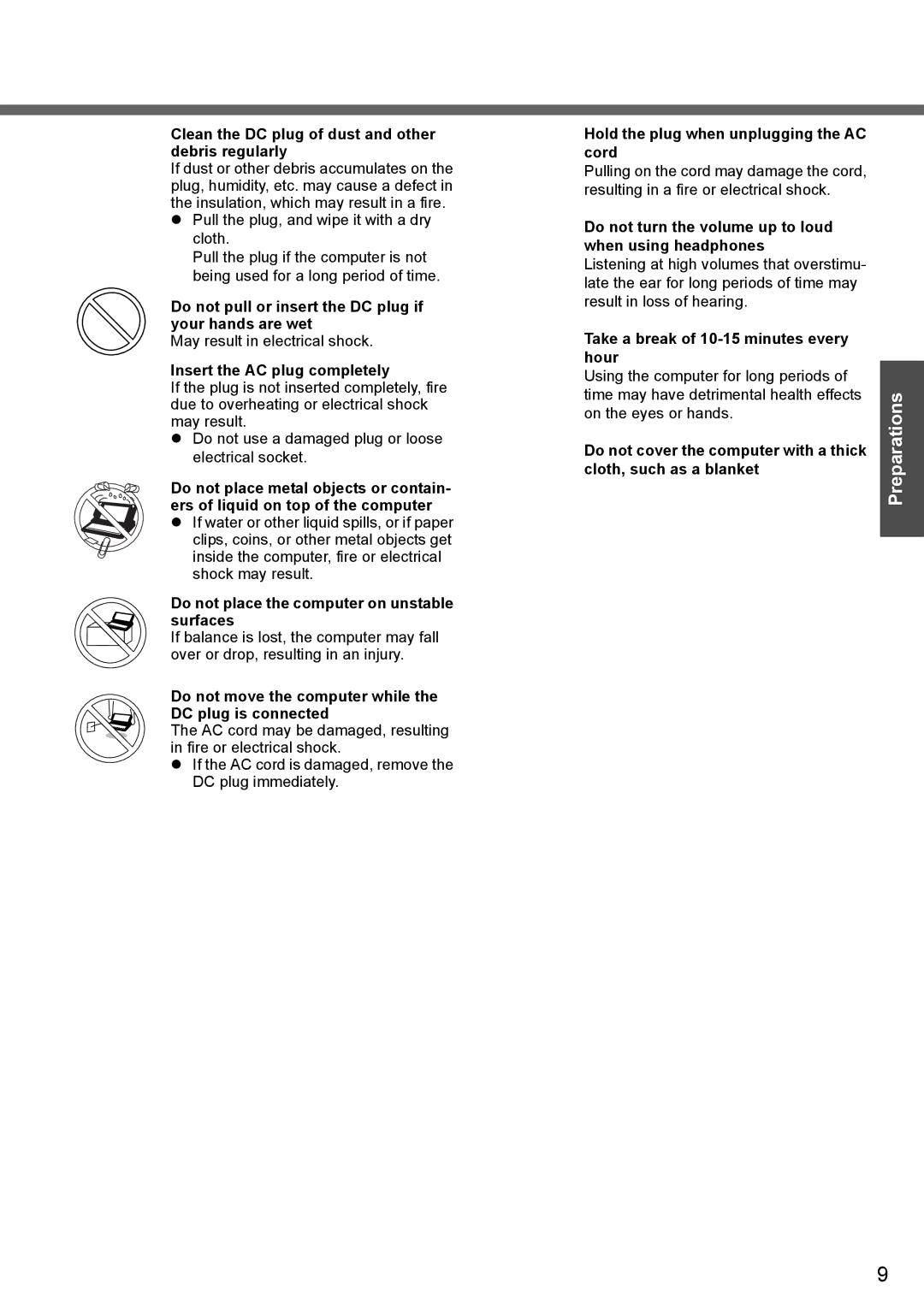 Panasonic CF-T4 operating instructions Clean the DC plug of dust and other debris regularly, Insert the AC plug completely 