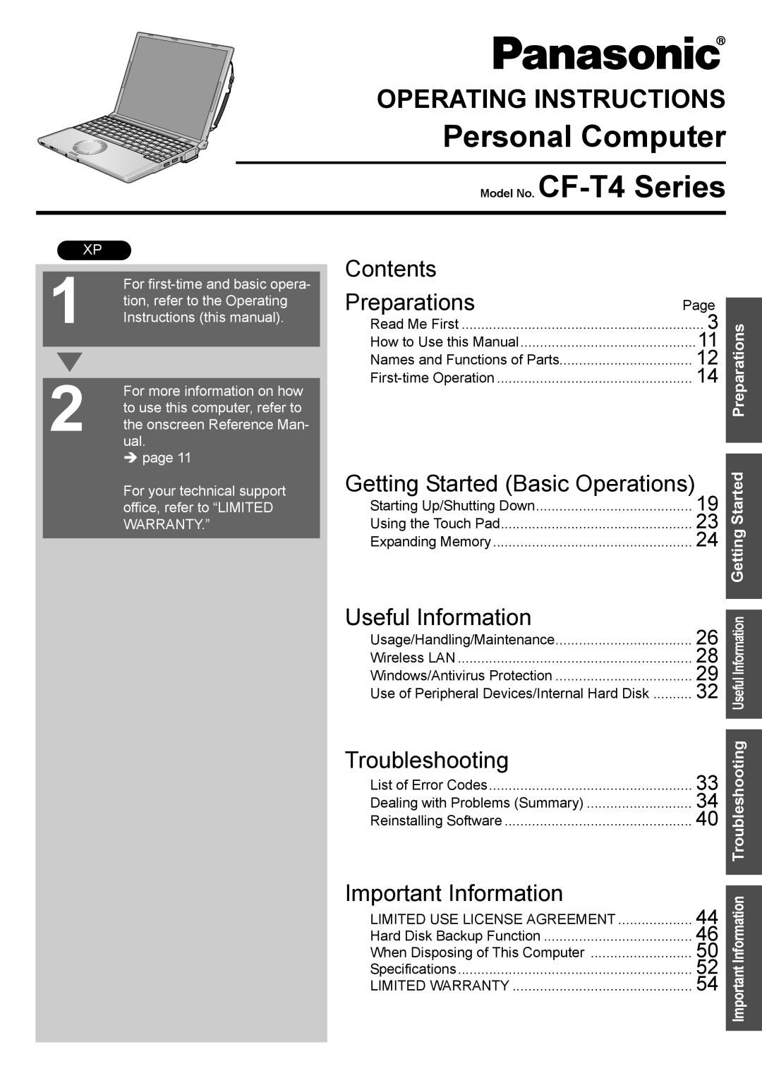 Panasonic operating instructions Started, Personal Computer Model No. CF-T4 Series, Operating Instructions, Contents 