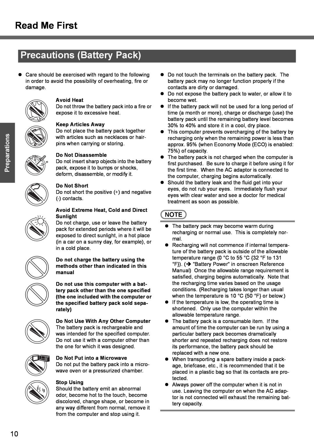 Panasonic CF-T4 operating instructions Precautions Battery Pack, Read Me First, Preparations 