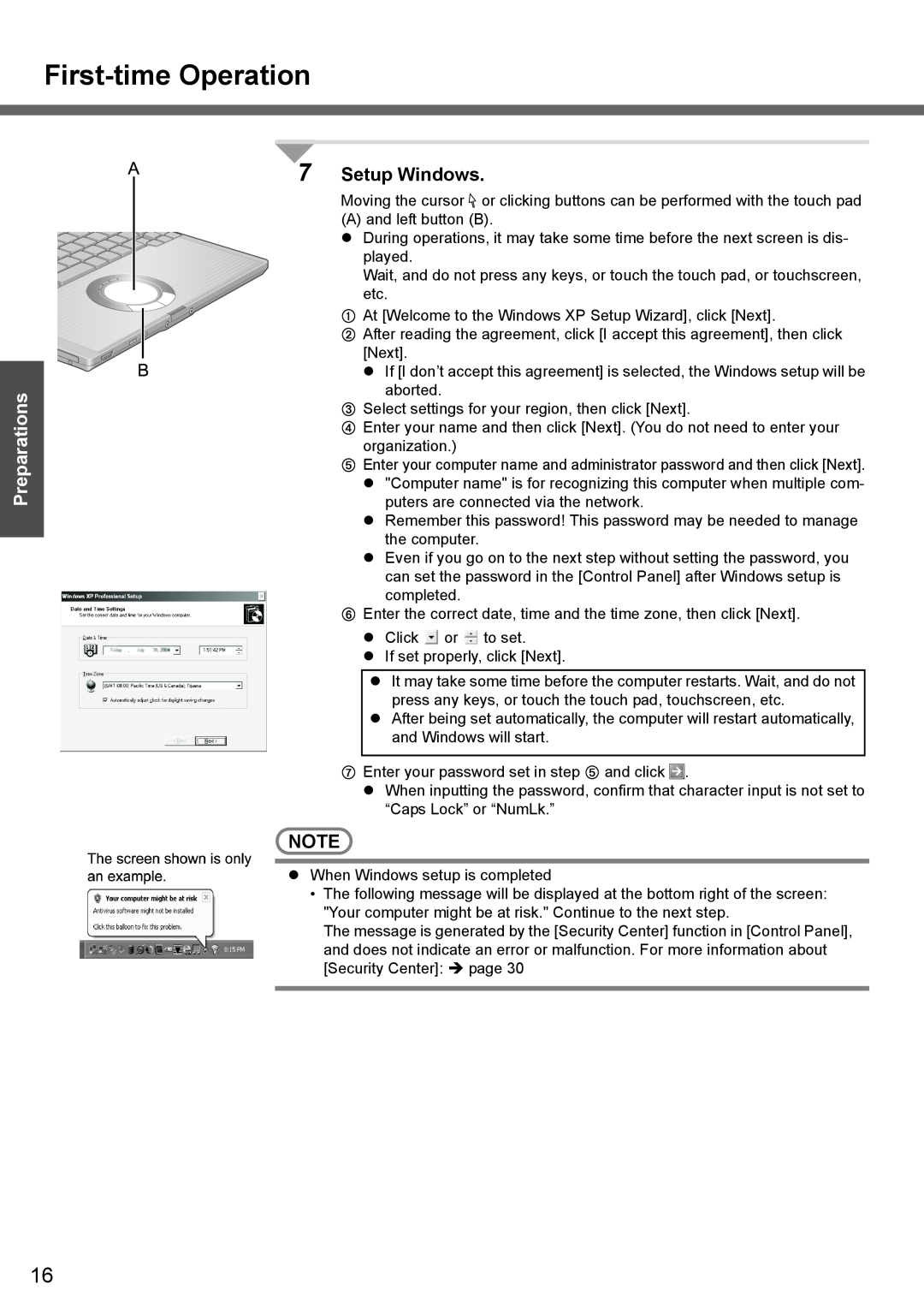 Panasonic CF-T4 operating instructions First-time Operation, Setup Windows, Preparations 