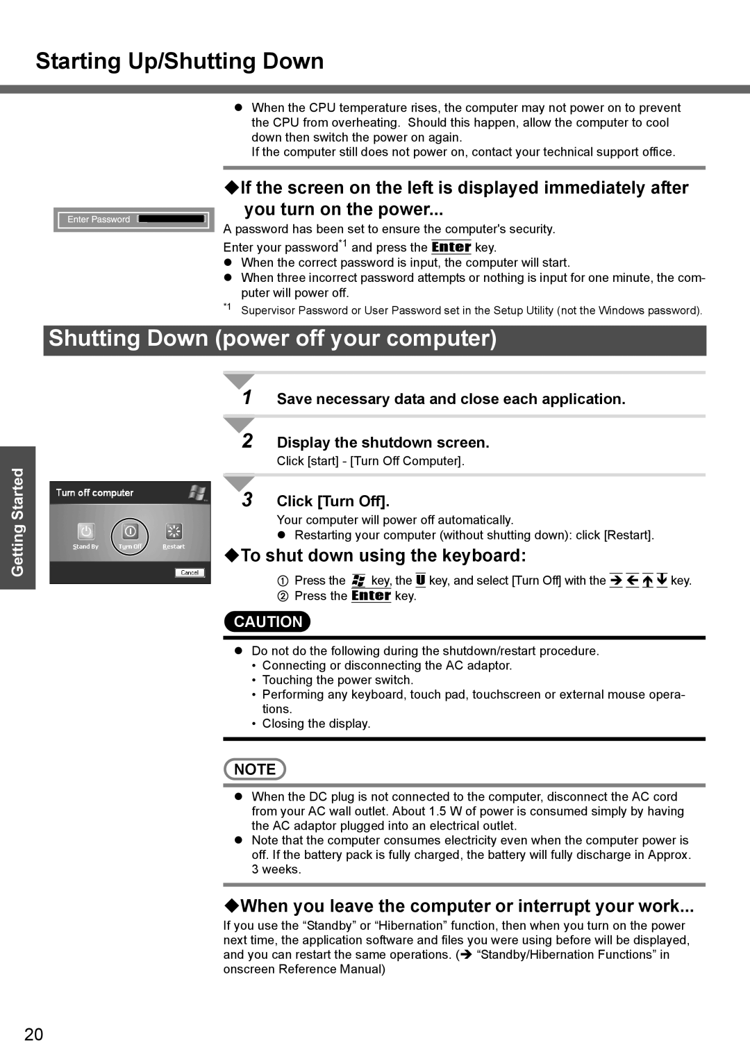 Panasonic CF-T4 Starting Up/Shutting Down, Shutting Down power off your computer, you turn on the power, Click Turn Off 