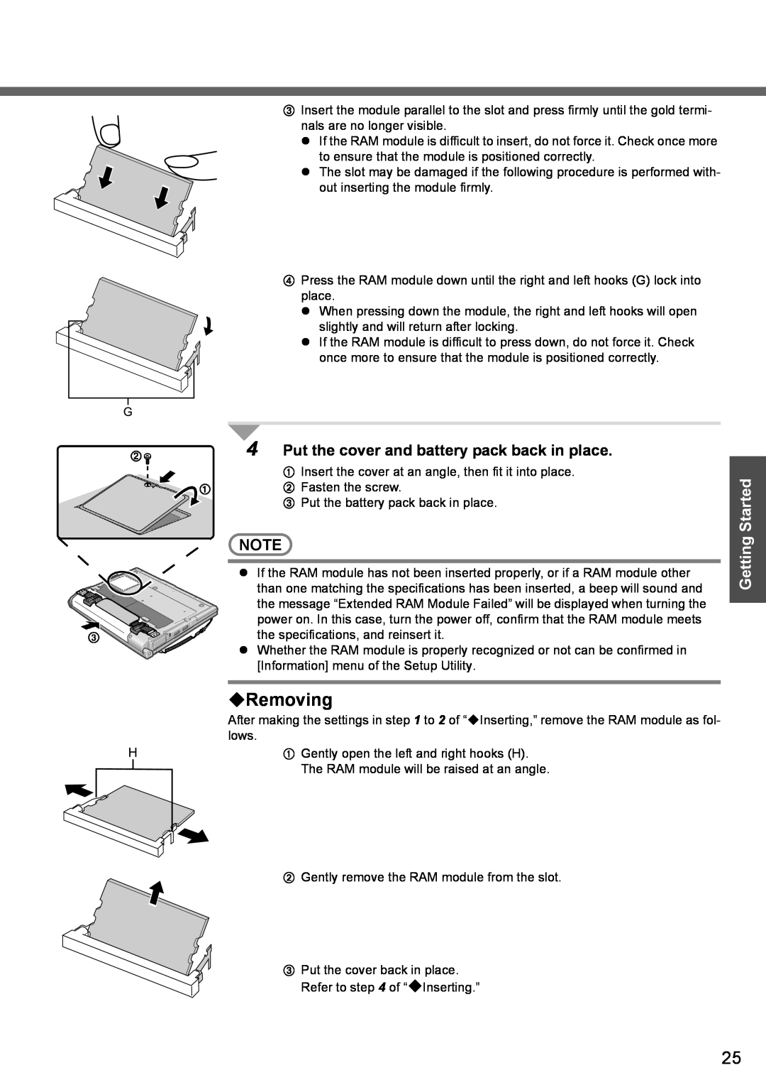 Panasonic CF-T4 operating instructions ‹Removing, Put the cover and battery pack back in place, Getting Started 