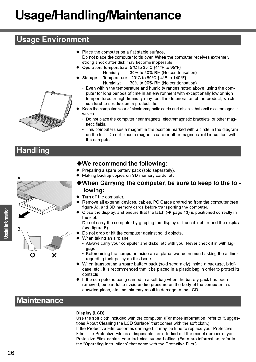 Panasonic CF-T4 operating instructions Usage/Handling/Maintenance, Usage Environment, ‹We recommend the following 