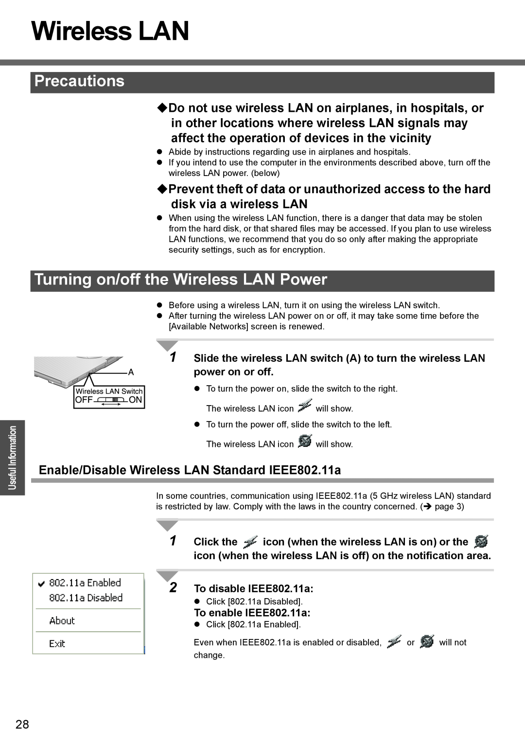 Panasonic CF-T4 Turning on/off the Wireless LAN Power, ‹Do not use wireless LAN on airplanes, in hospitals, or 