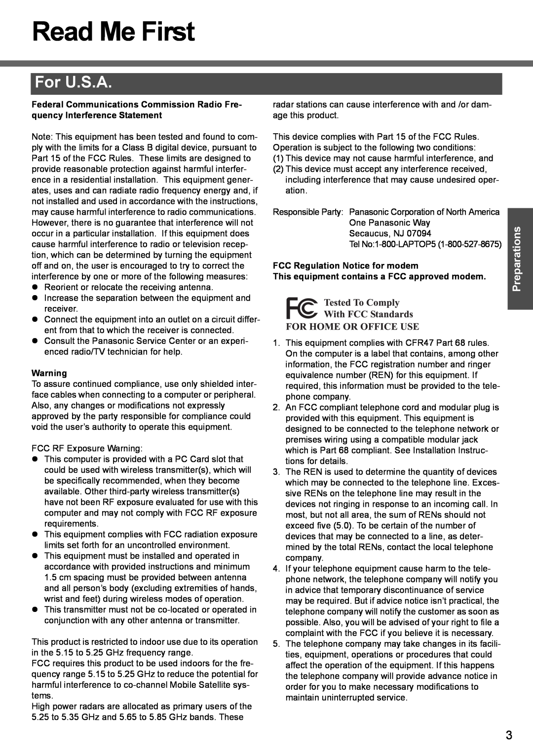 Panasonic CF-T4 operating instructions Read Me First, For U.S.A, Preparations 
