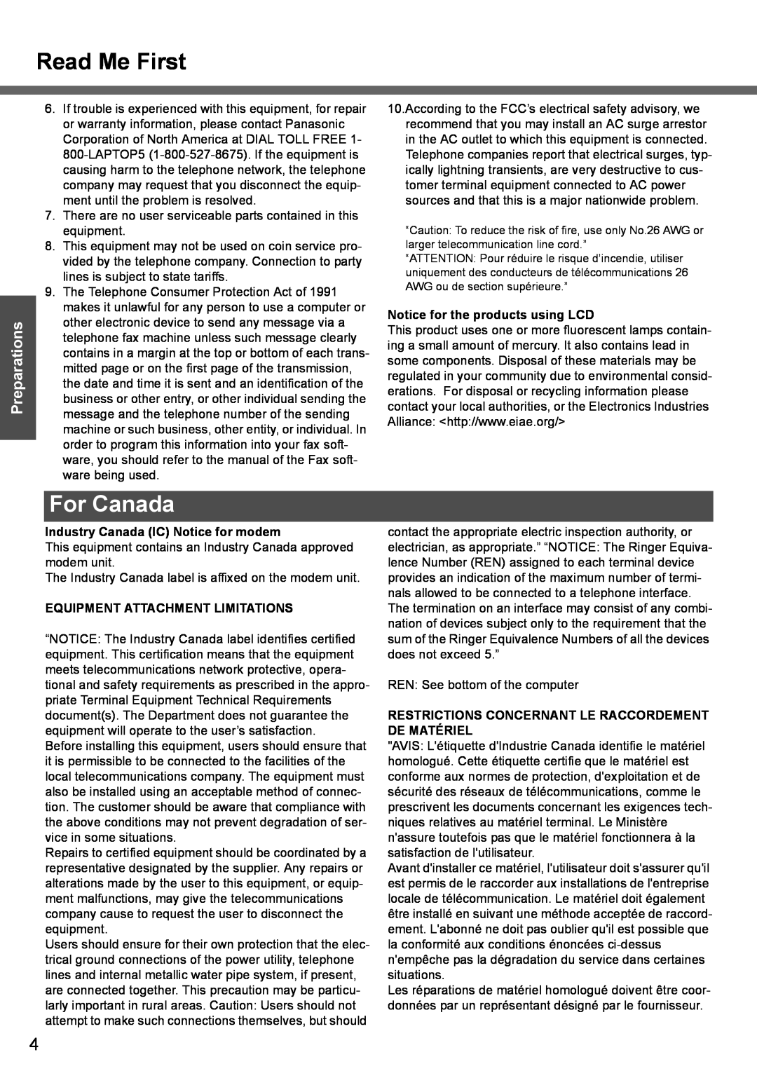 Panasonic CF-T4 operating instructions Read Me First, For Canada, Preparations 