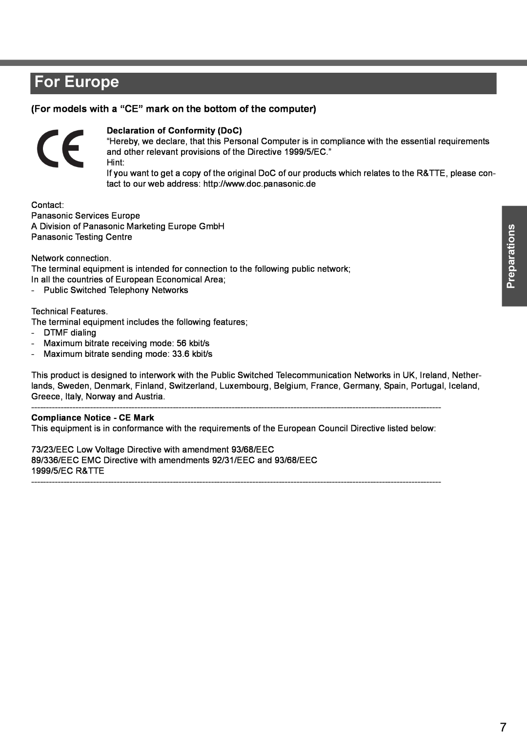 Panasonic CF-T4 operating instructions For Europe, Preparations, For models with a “CE” mark on the bottom of the computer 