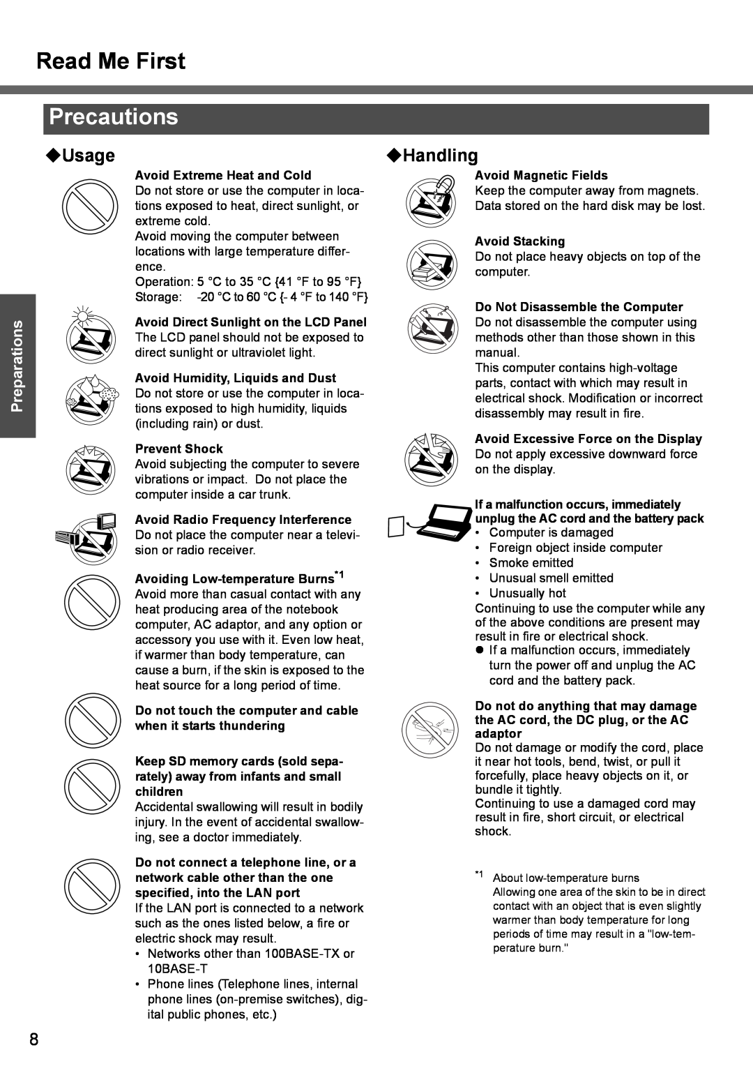Panasonic CF-T4 operating instructions Precautions, ‹Usage, ‹Handling, Read Me First, Preparations 