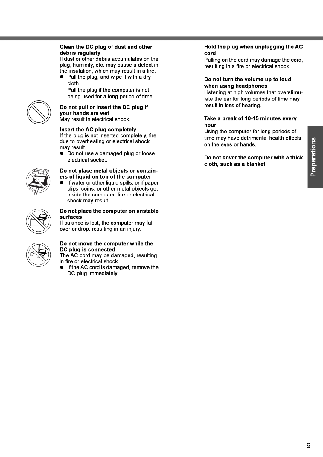 Panasonic CF-T4 operating instructions Preparations, Clean the DC plug of dust and other debris regularly 