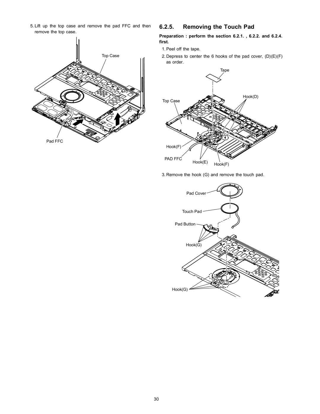 Panasonic CF-T4HWETZBM service manual Removing the Touch Pad, Preparation perform the .2.1. , 6.2.2. and 6.2.4. first 