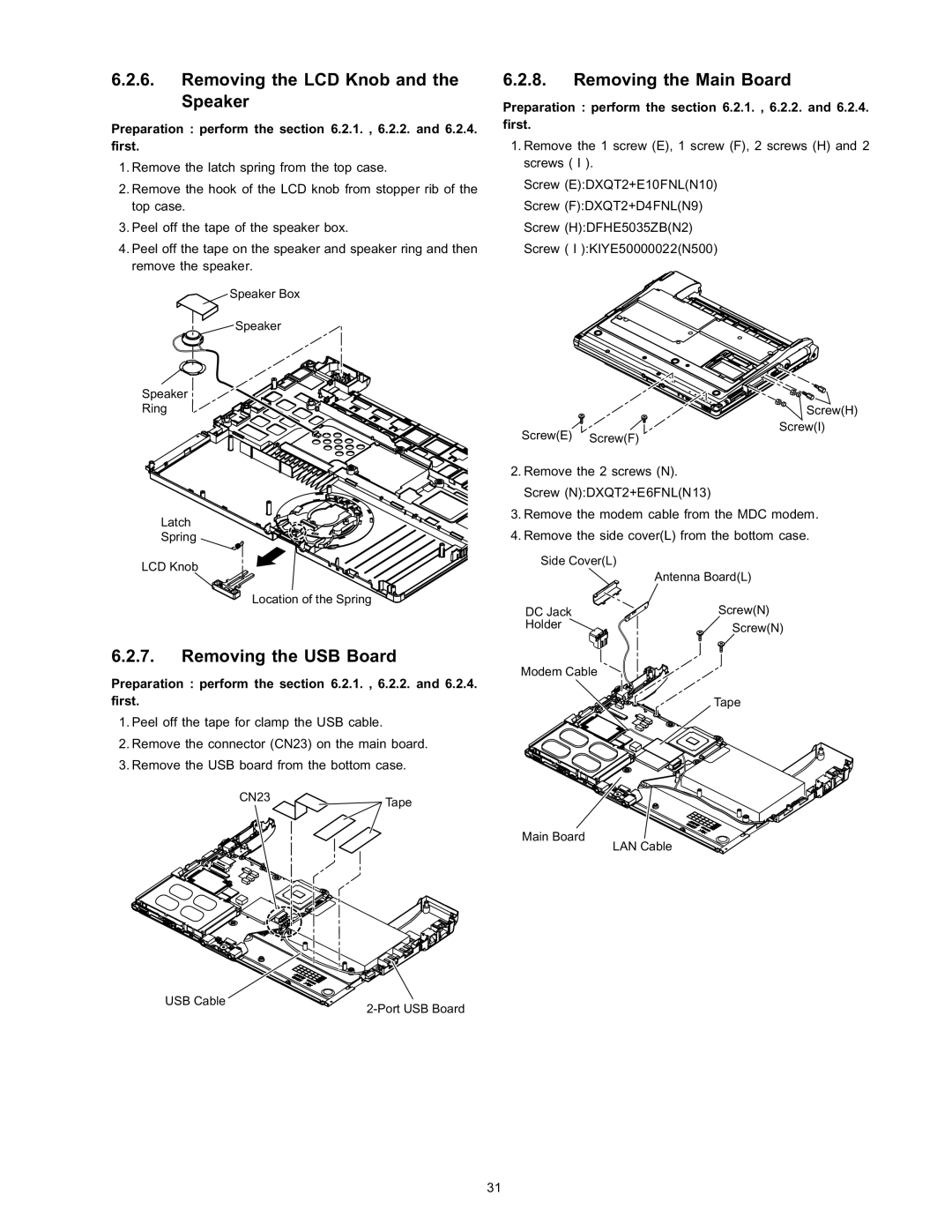 Panasonic CF-T4HWETZBM Removing the LCD Knob and the Speaker, Removing the USB Board, Removing the Main Board 