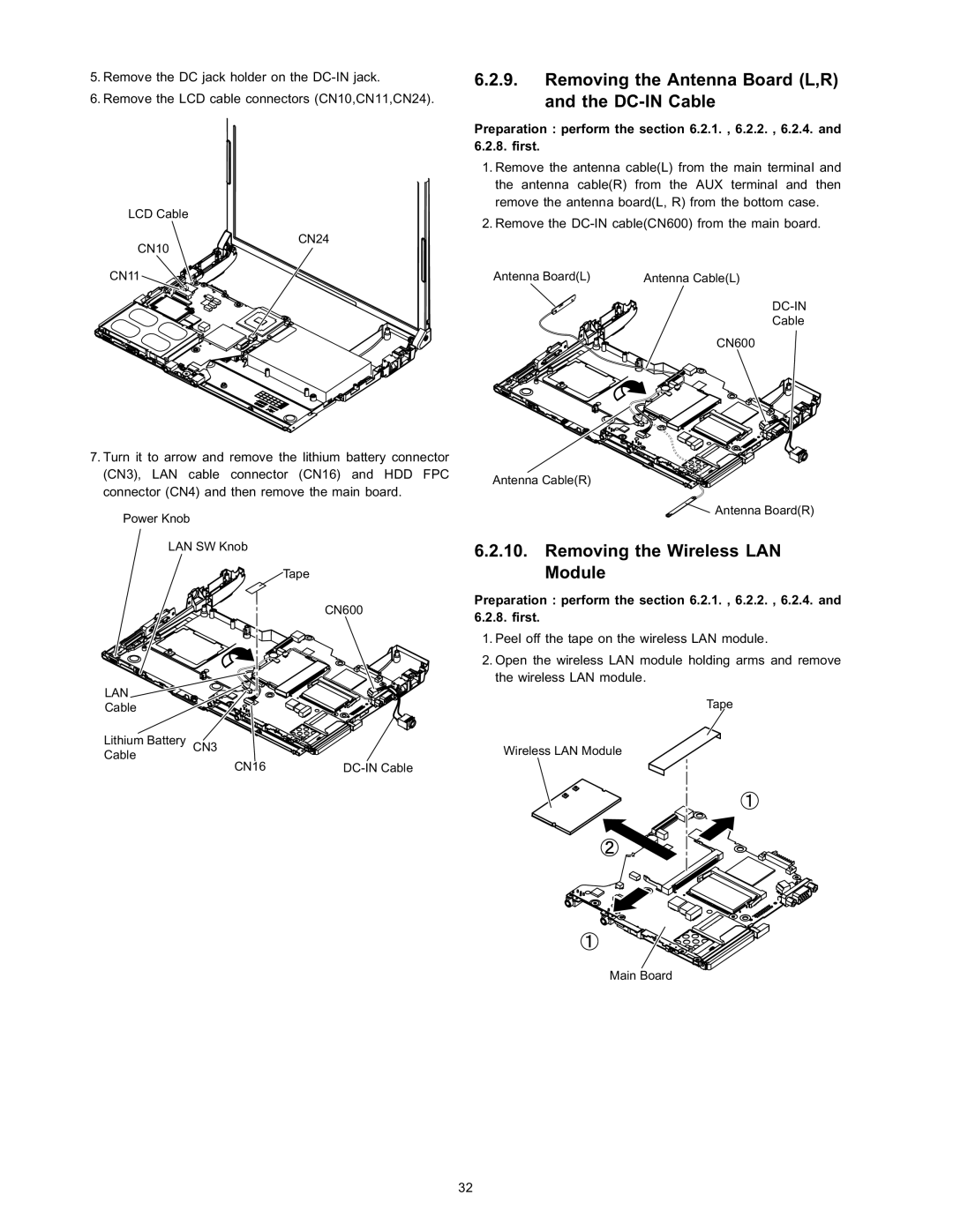 Panasonic CF-T4HWETZBM service manual Removing the Antenna Board L,R and the DC-IN Cable, Removing the Wireless LAN Module 