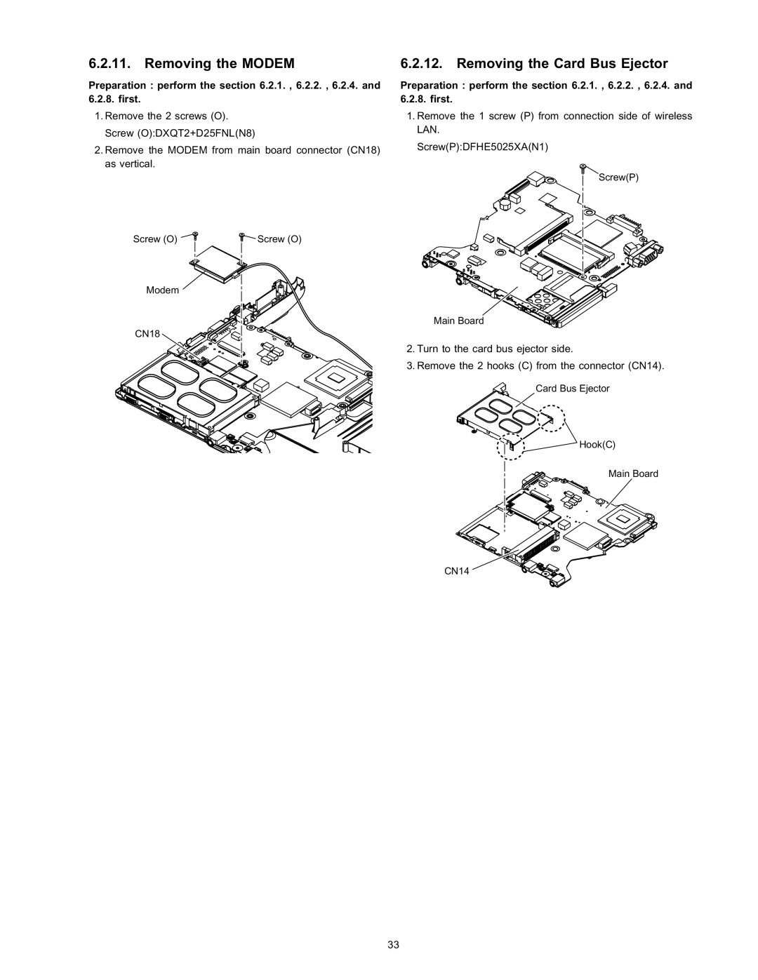 Panasonic CF-T4HWETZBM service manual Removing the Modem, Removing the Card Bus Ejector 