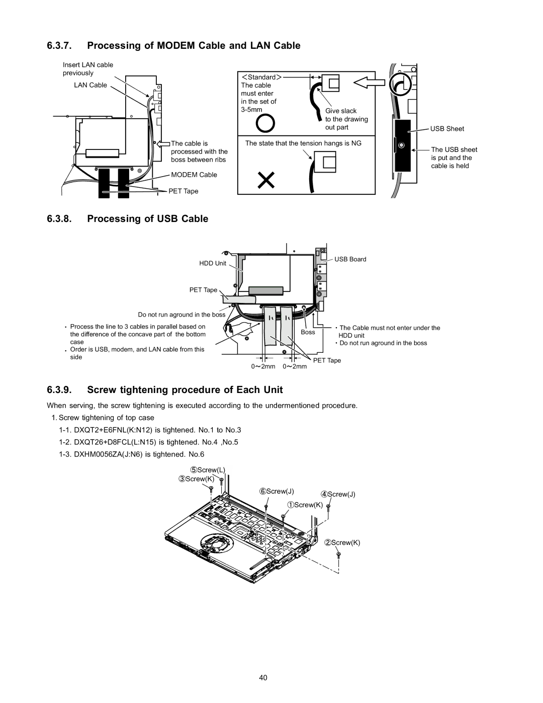 Panasonic CF-T4HWETZBM service manual Processing of Modem Cable and LAN Cable, Processing of USB Cable 