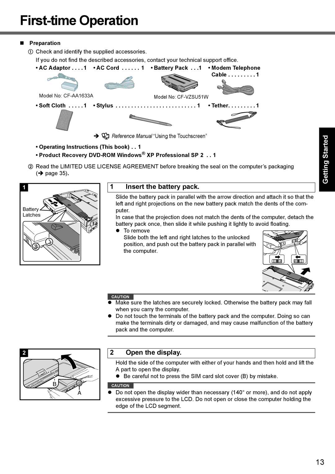 Panasonic CF-T7 appendix First-time Operation, Insert the battery pack, Useful Information, Open the display 