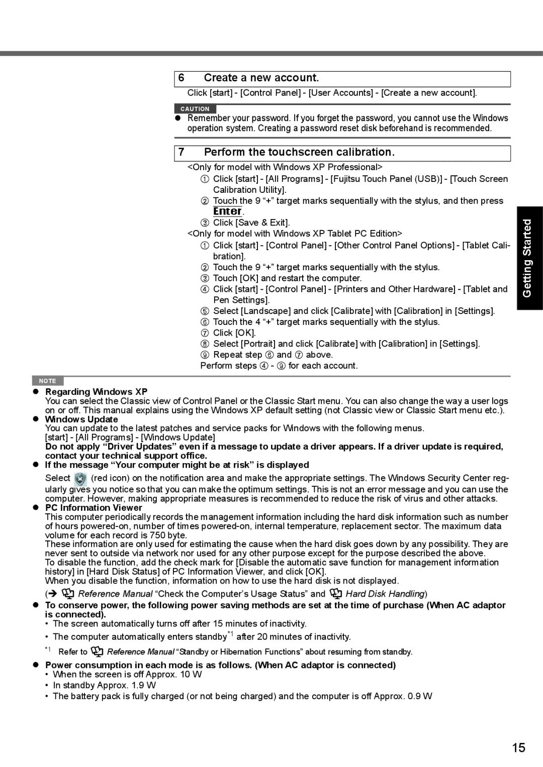 Panasonic CF-T7 appendix Create a new account, Perform the touchscreen calibration, Regarding Windows XP, Windows Update 