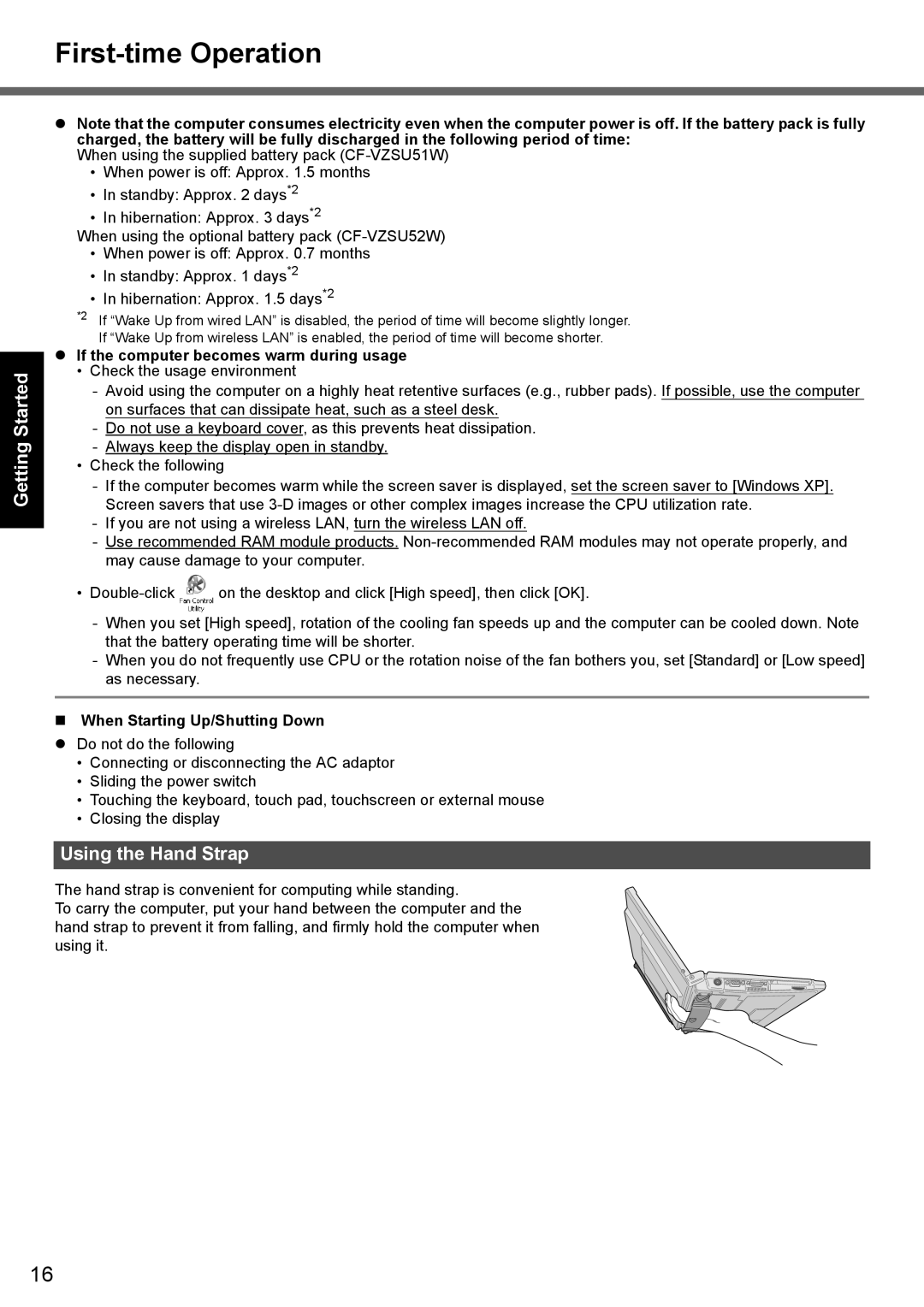 Panasonic CF-T7 appendix Using the Hand Strap, If the computer becomes warm during usage, When Starting Up/Shutting Down 