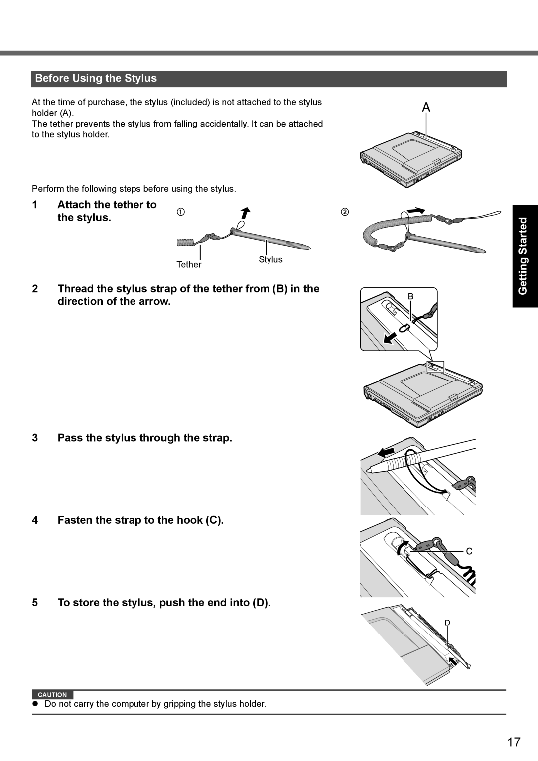 Panasonic CF-T7 appendix Before Using the Stylus, Attach the tether to Stylus 