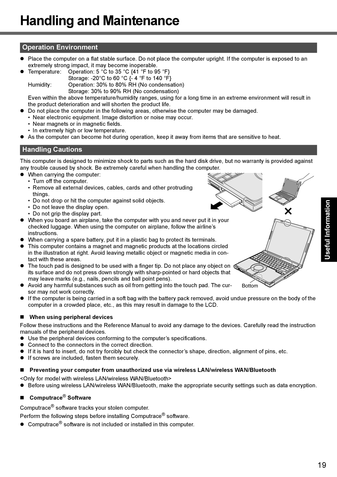 Panasonic CF-T7 appendix Handling and Maintenance, Operation Environment, Handling Cautions, When using peripheral devices 