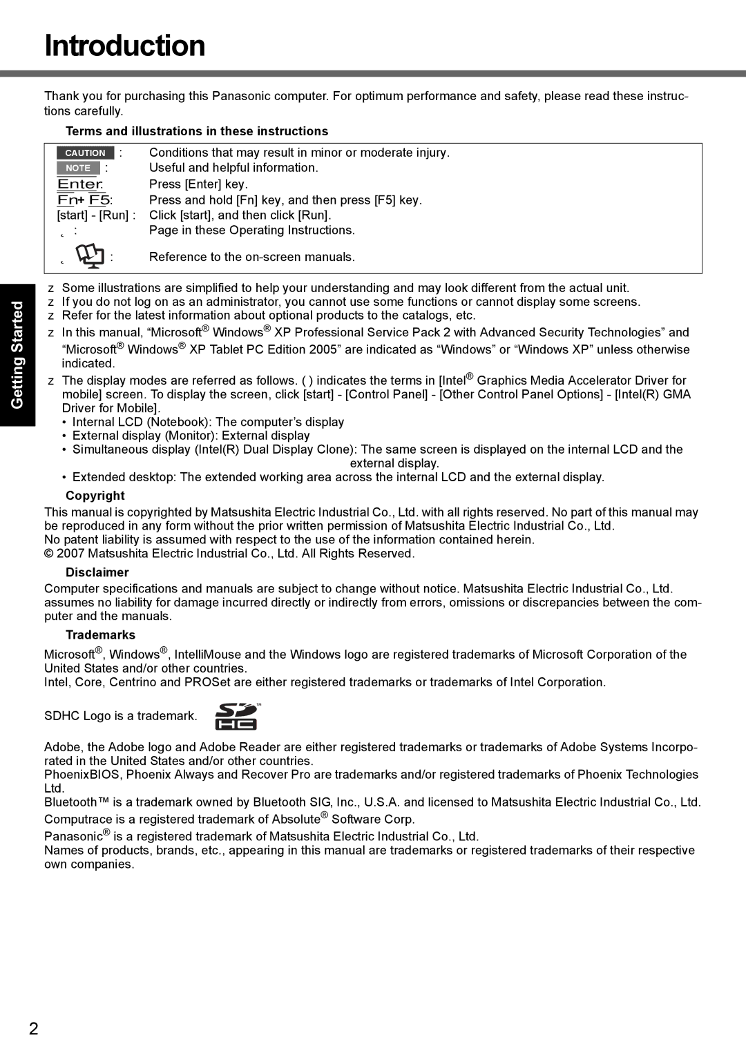 Panasonic CF-T7 Introduction, Appendix Troubleshooting Useful Information Getting Started, Copyright Disclaimer Trademarks 