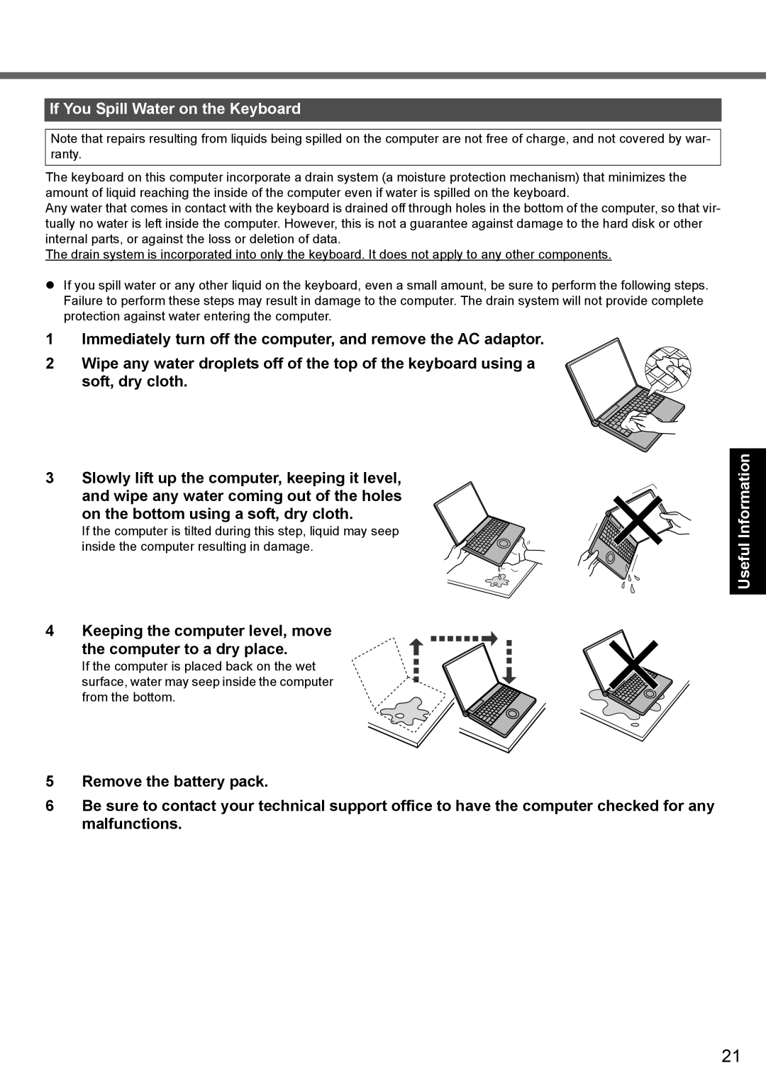 Panasonic CF-T7 appendix If You Spill Water on the Keyboard, Troubleshooting 