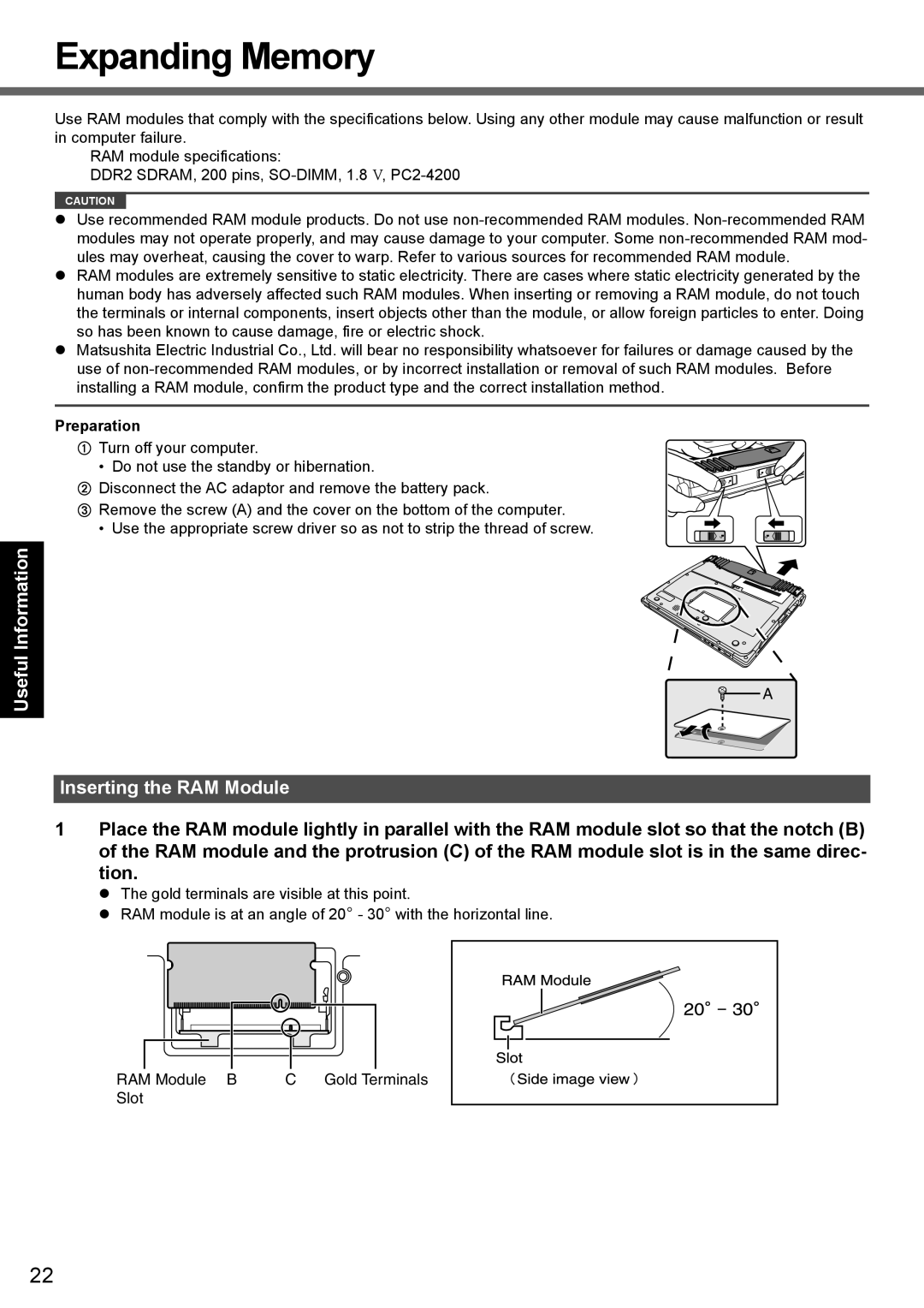 Panasonic CF-T7 appendix Expanding Memory, Inserting the RAM Module 