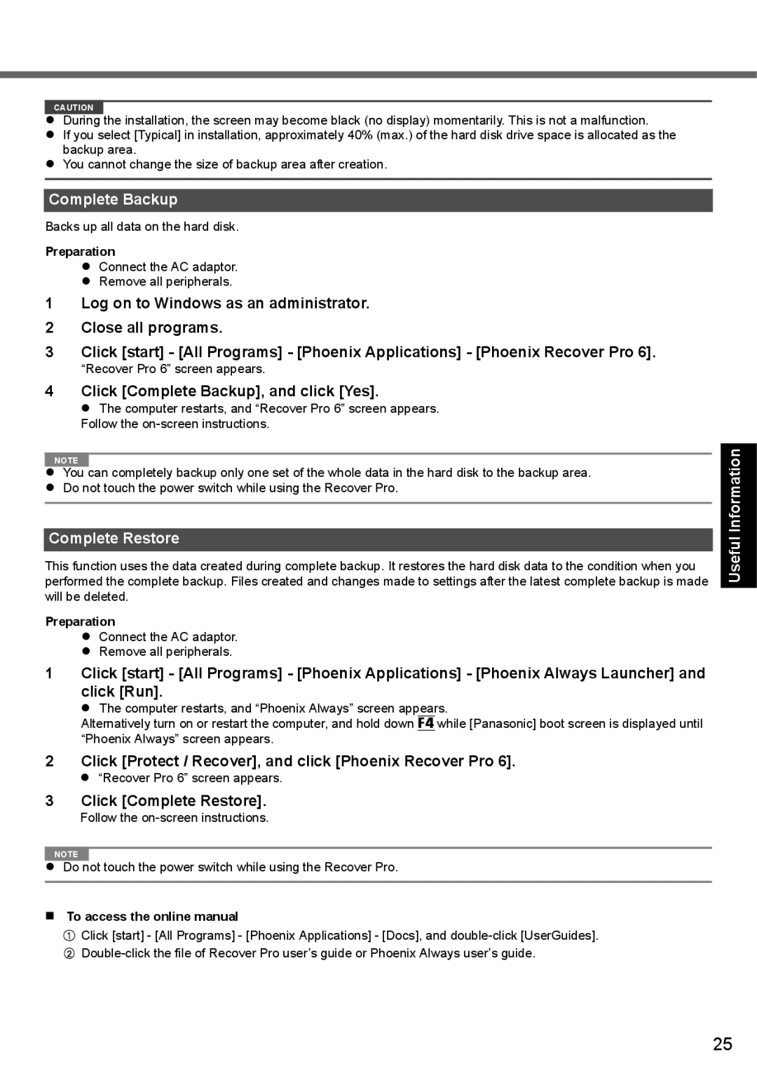 Panasonic CF-T7 appendix Click Complete Backup, and click Yes, Click Complete Restore 