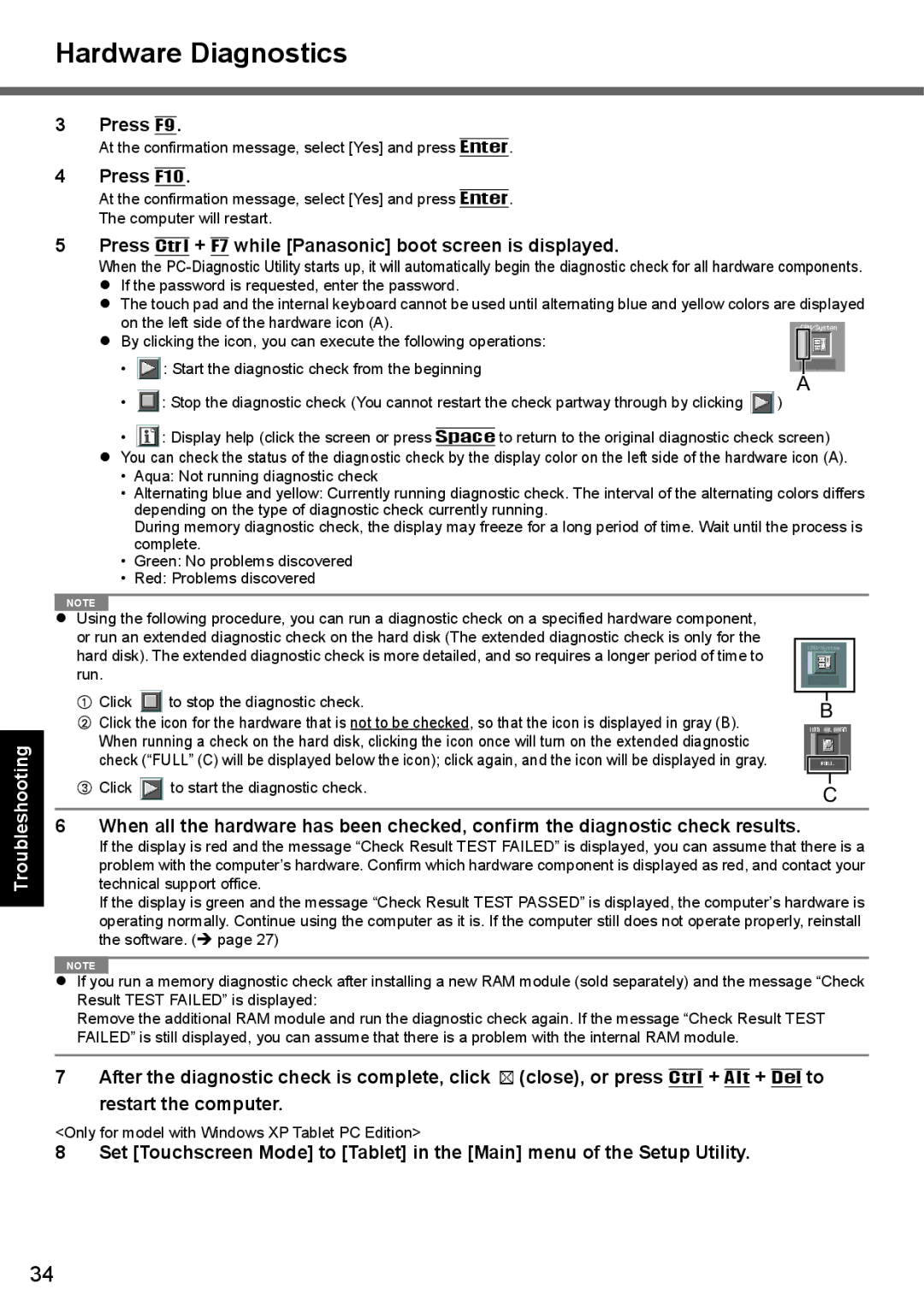 Panasonic CF-T7 appendix Hardware Diagnostics, Press Ctrl + F7 while Panasonic boot screen is displayed 