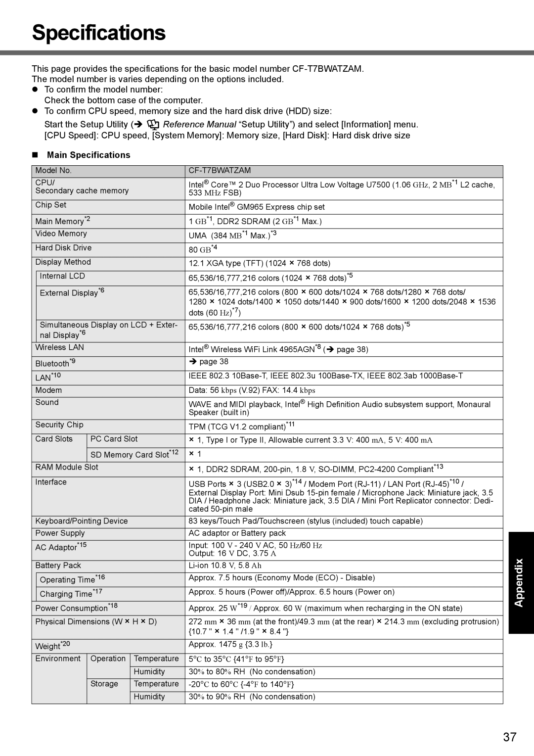 Panasonic CF-T7 appendix Main Specifications 