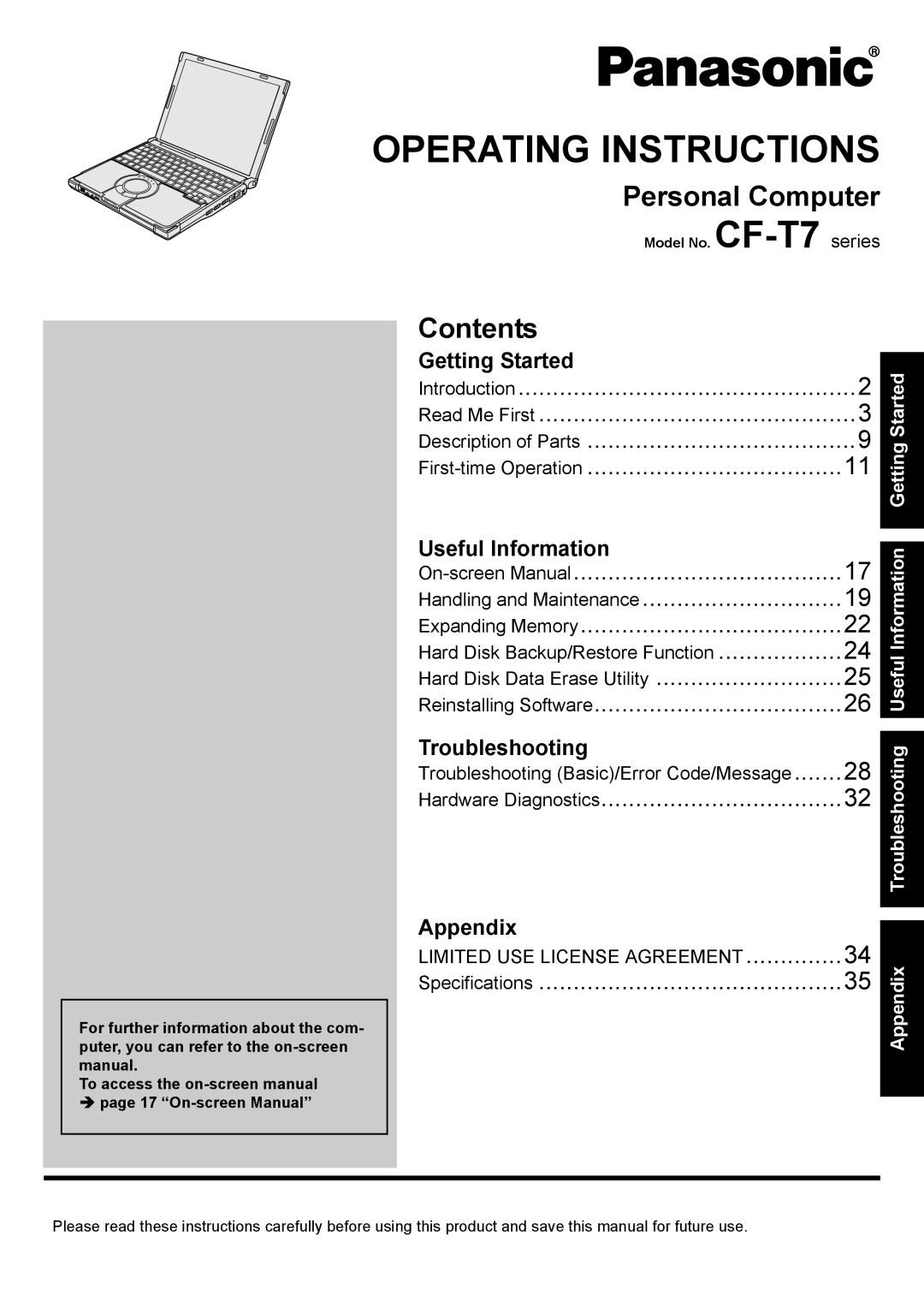 Panasonic CF-T7 appendix Personal Computer, Contents 