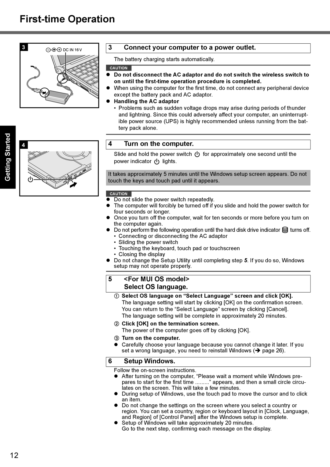 Panasonic CF-T7 appendix First-time Operation, Connect your computer to a power outlet, Turn on the computer, Setup Windows 