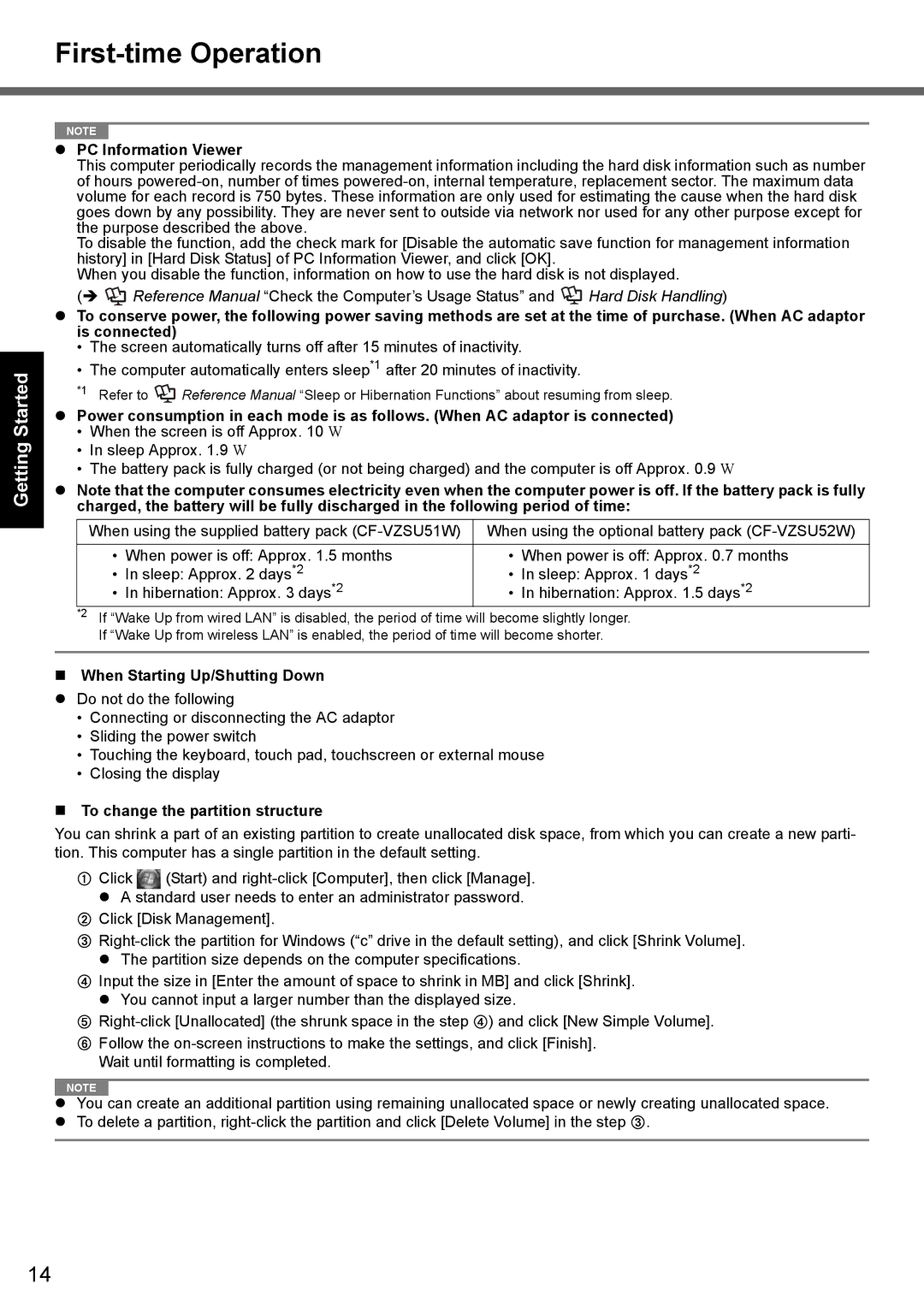 Panasonic CF-T7 appendix PC Information Viewer, When Starting Up/Shutting Down, To change the partition structure 