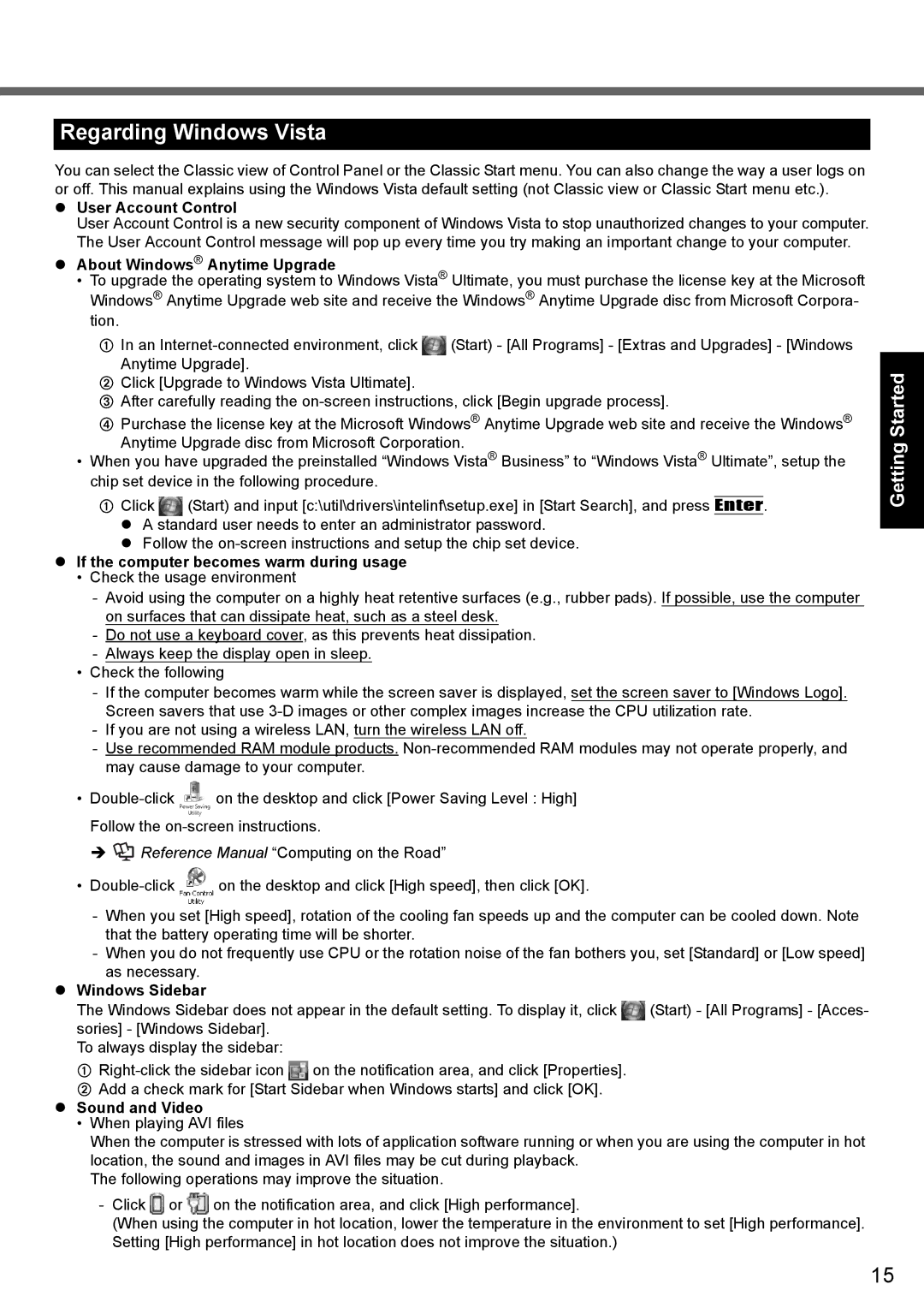 Panasonic CF-T7 appendix User Account Control, About Windows Anytime Upgrade, If the computer becomes warm during usage 