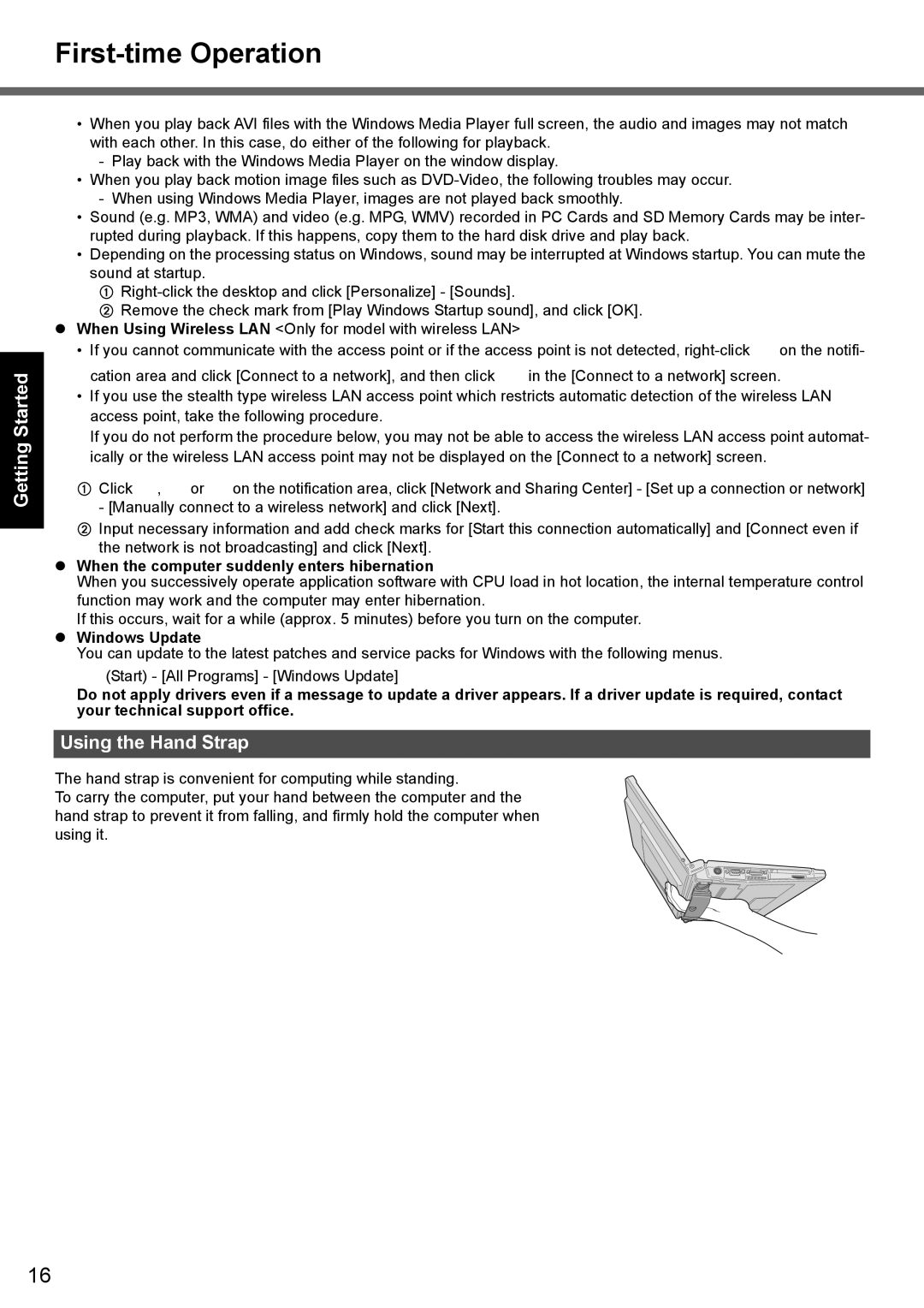 Panasonic CF-T7 appendix Using the Hand Strap, When the computer suddenly enters hibernation, Windows Update 