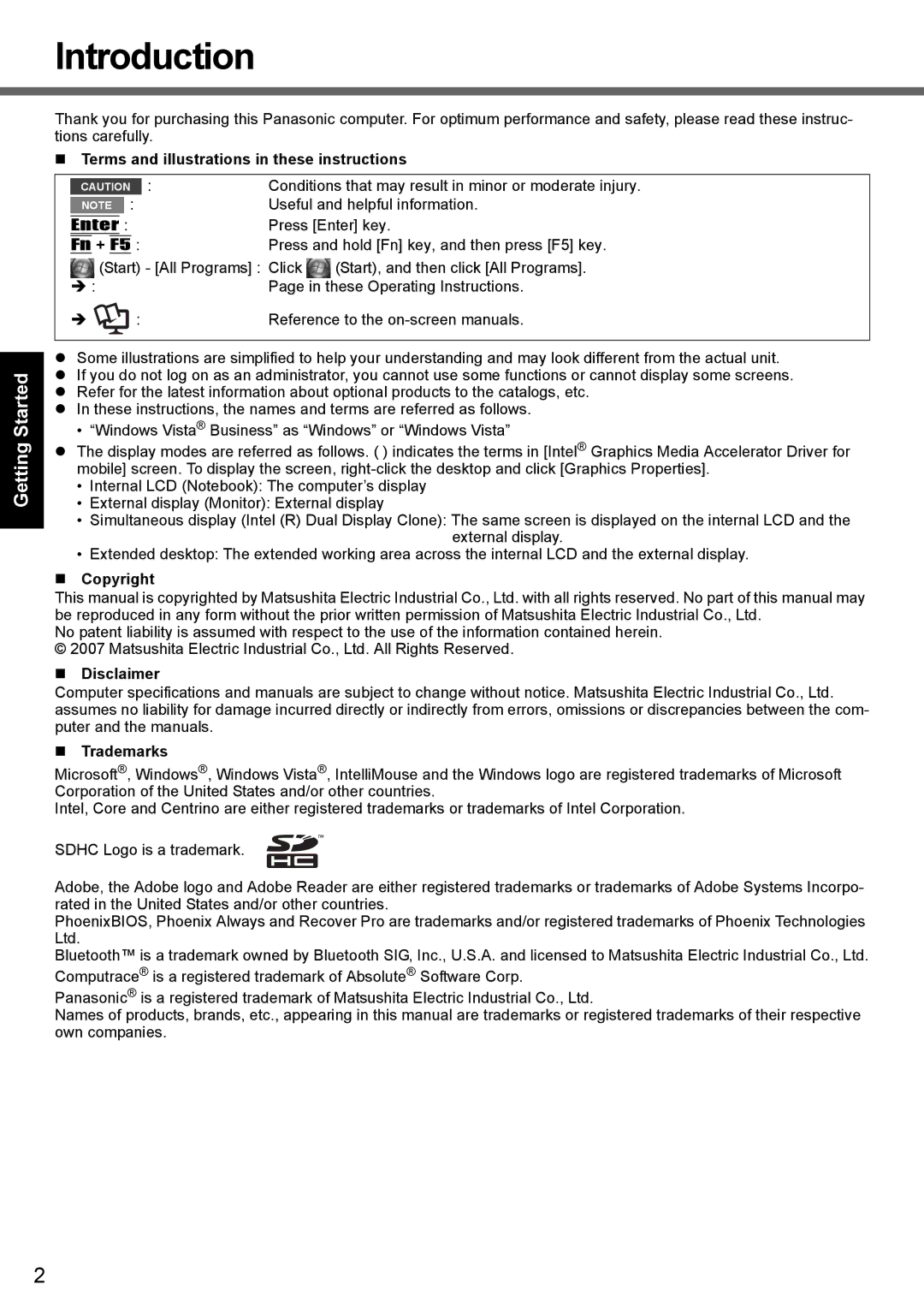 Panasonic CF-T7 Introduction, Appendix Troubleshooting Useful Information Getting Started, Copyright Disclaimer Trademarks 