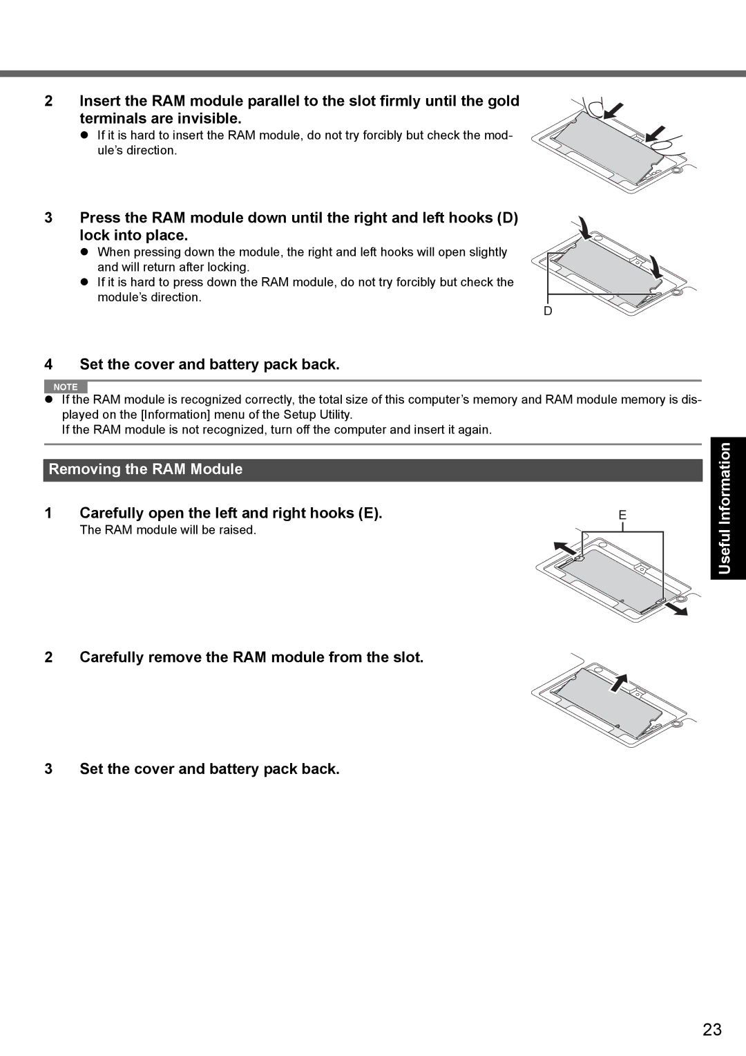 Panasonic CF-T7 Set the cover and battery pack back, Removing the RAM Module, Carefully open the left and right hooks E 