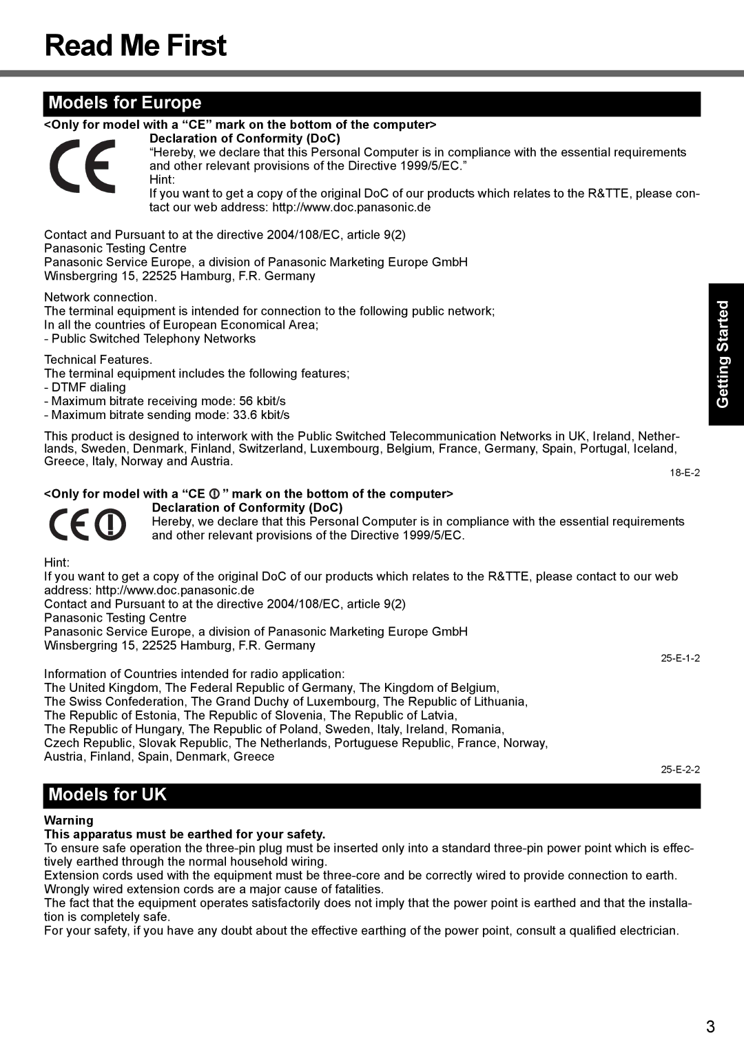 Panasonic CF-T7 appendix Read Me First, This apparatus must be earthed for your safety 