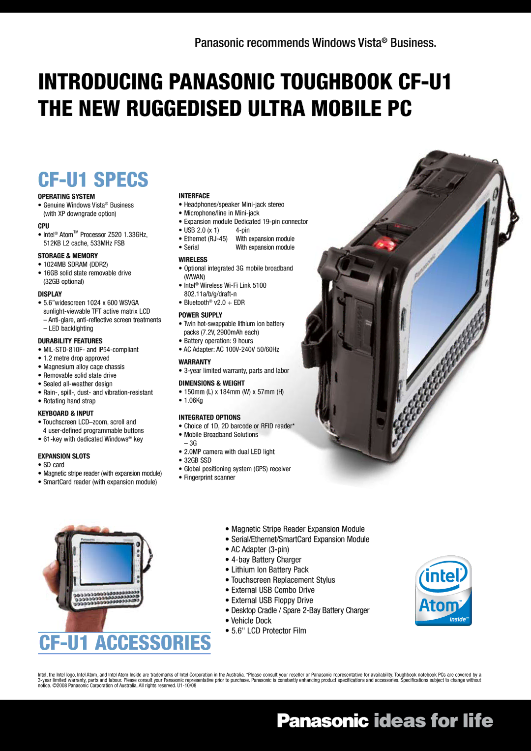 Panasonic manual CF-U1 specs, CF-U1 accesSories 