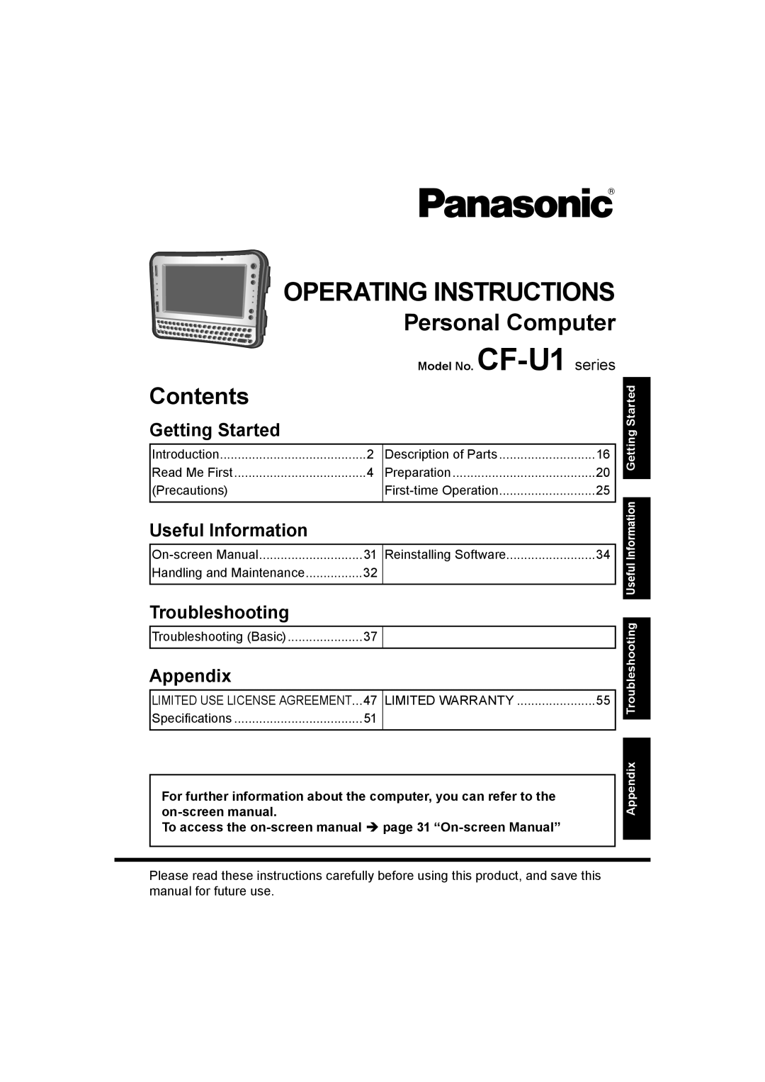 Panasonic CF-U1 appendix Personal Computer, Contents 