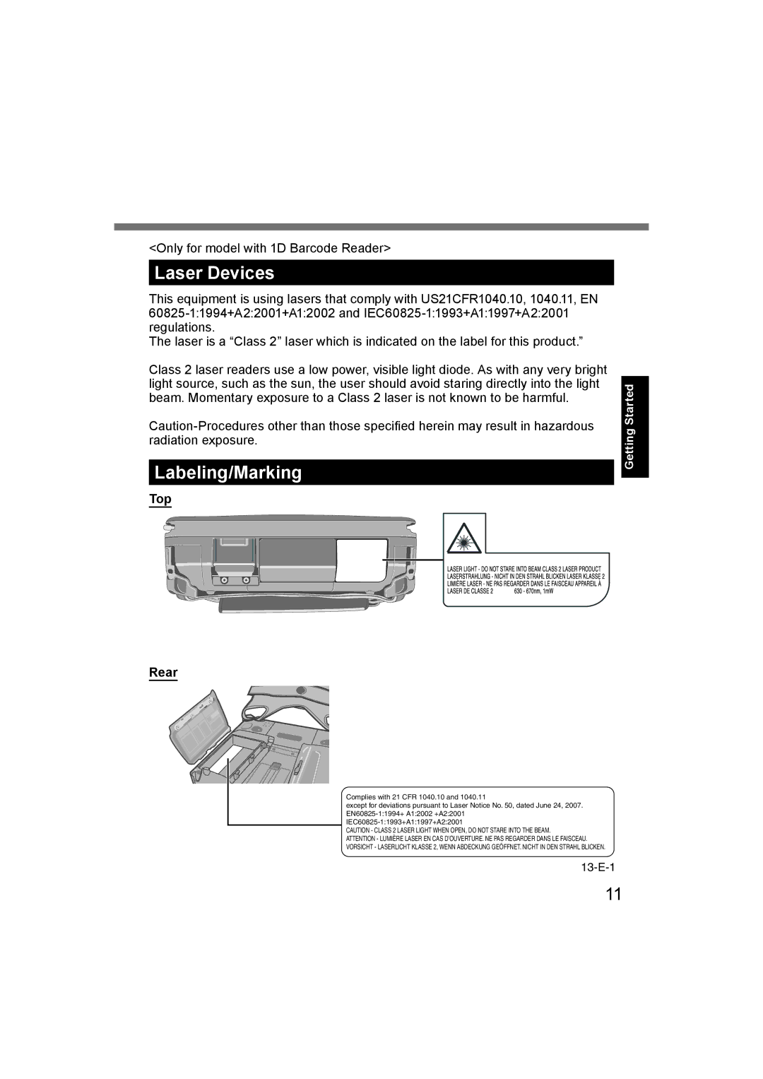 Panasonic CF-U1 appendix Laser Devices, Labeling/Marking, Top Rear 