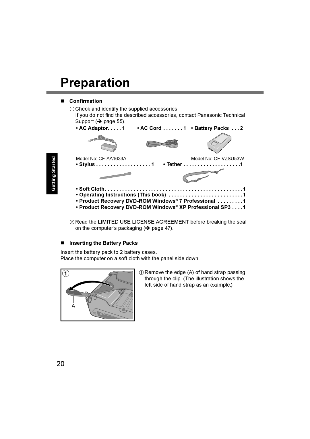 Panasonic CF-U1 appendix Preparation, Conﬁrmation, AC Adaptor AC Cord Battery Packs, Inserting the Battery Packs 