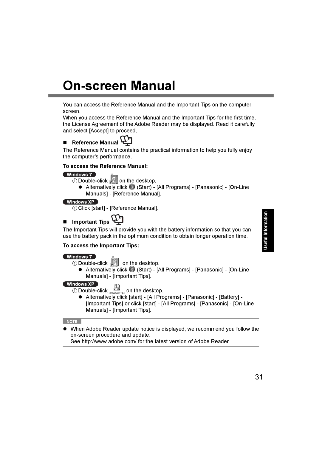 Panasonic CF-U1 appendix On-screen Manual, To access the Reference Manual, To access the Important Tips 