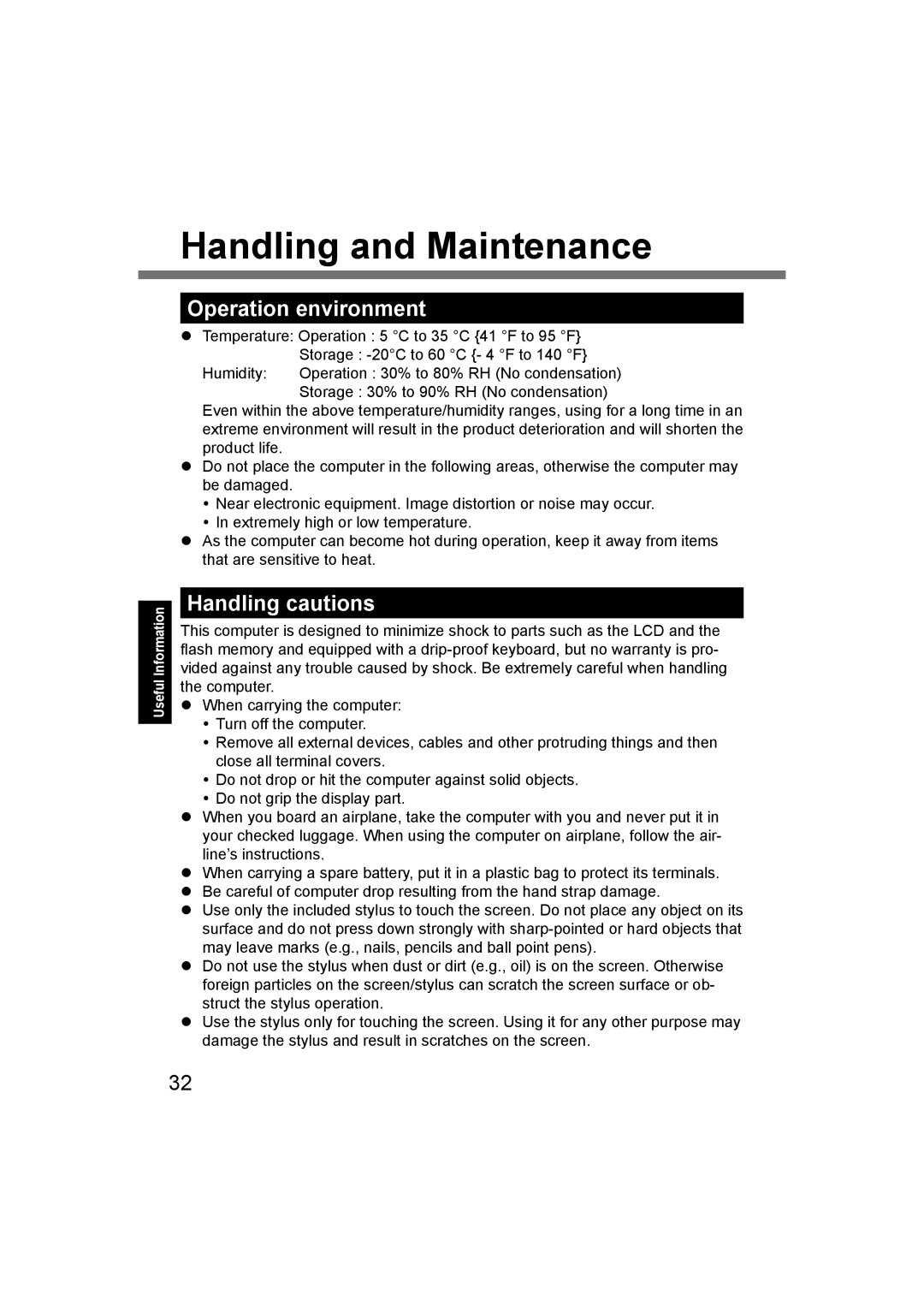 Panasonic CF-U1 appendix Handling and Maintenance, Operation environment, Handling cautions 