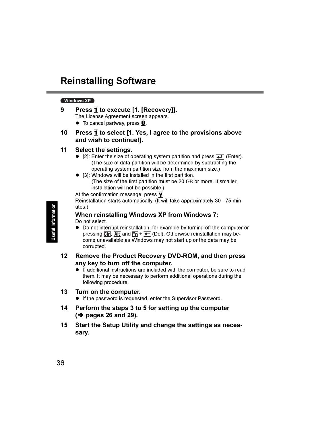 Panasonic CF-U1 appendix Reinstalling Software, When reinstalling Windows XP from Windows 