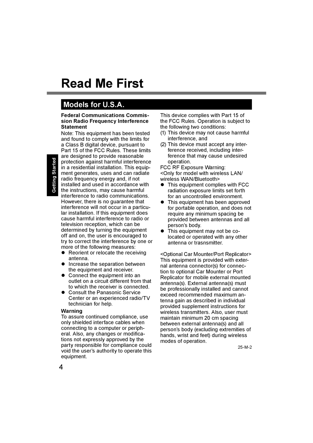 Panasonic CF-U1 appendix Read Me First, Models for U.S.A, Federal Communications Commis, Sion Radio Frequency Interference 