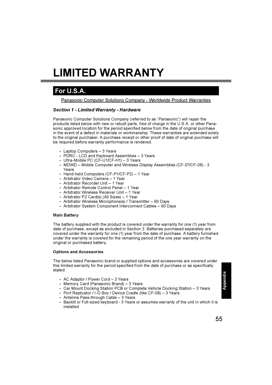 Panasonic CF-U1 appendix Limited Warranty, For U.S.A 