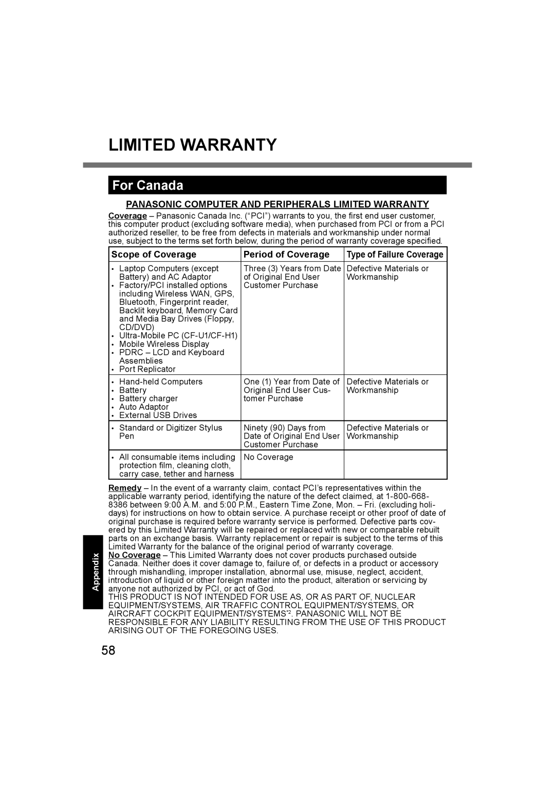 Panasonic CF-U1 For Canada, Panasonic Computer and Peripherals Limited Warranty, Scope of Coverage Period of Coverage 