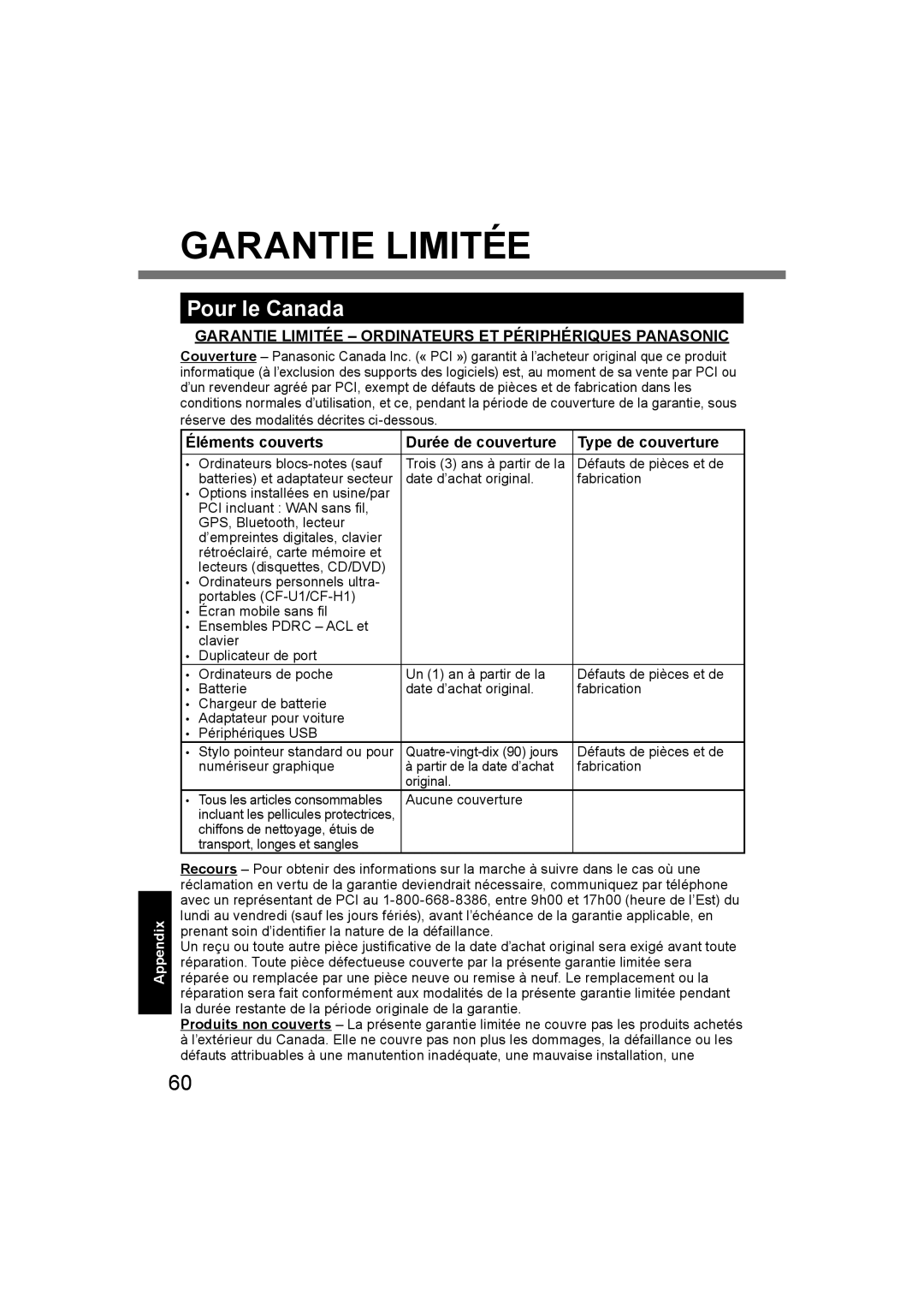 Panasonic CF-U1 appendix Pour le Canada, Garantie Limitée Ordinateurs ET Périphériques Panasonic 